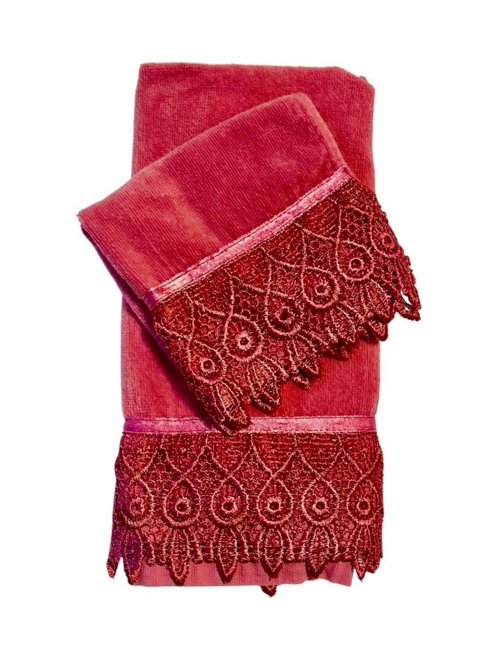 Vintage Hand Towel Wash Cloth Set-Mauve Satin And Lace Crochet Trim Cottagecore